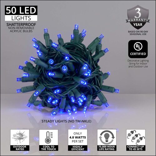Kringle Traditions 5mm Blue LED Christmas Lights, Green Wire, Balled Set