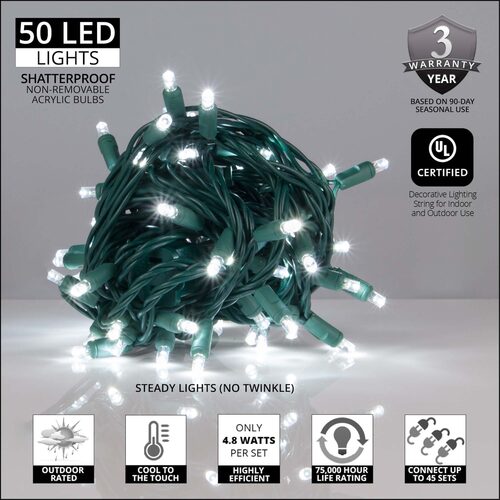 Kringle Traditions 5mm Cool White LED Christmas Lights, Green Wire