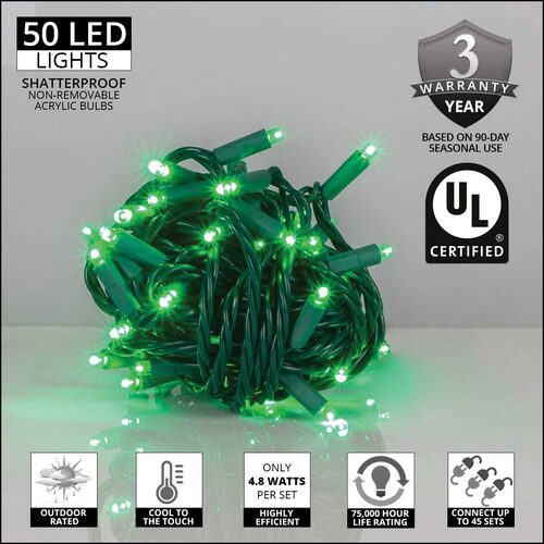Kringle Traditions 5mm Green LED Christmas Lights, Green Wire, Balled Set
