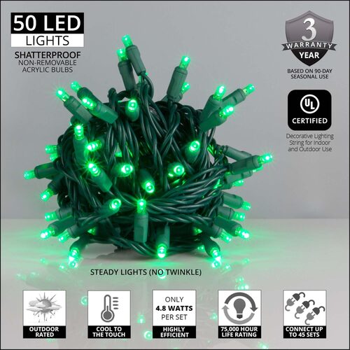 Kringle Traditions 5mm Green LED Christmas Lights, Green Wire, Balled Set