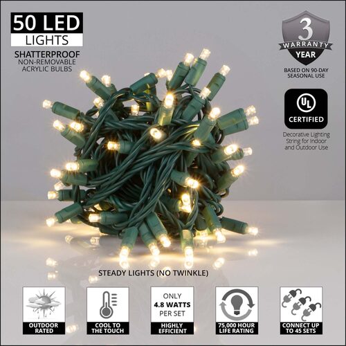 50 Kringle Traditions 5mm Warm White LED Christmas Lights, Green Wire, 4" Spacing, Contractor Pack