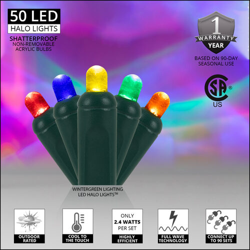 50 LED Halo Multi Color String Lights, Green Wire, 4" Spacing