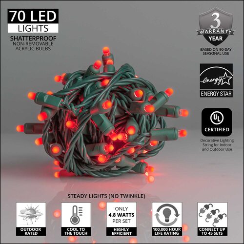 Lux360 TM D5 TM Red LED Christmas Lights, Green Wire