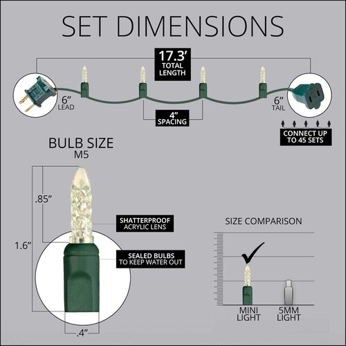 50 M5 Warm White LED Lights, Green Wire, 4" Spacing