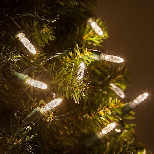 50 M5 Warm White LED Lights, Green Wire, 4" Spacing