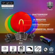Multicolor FlexFilament TM Shatterproof LED Patio String Light Set with G50 Bulbs on Black Wire, E12 Base