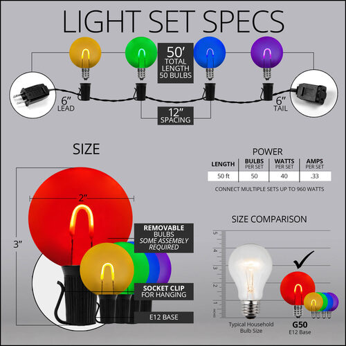 Multicolor FlexFilament TM Shatterproof LED Patio String Light Set with G50 Bulbs on Black Wire, E12 Base