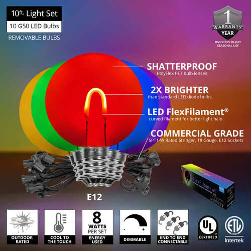 Multicolor FlexFilament TM Shatterproof LED Patio String Light Set with G50 Bulbs on Black Wire, E12 Base