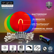 Multicolor FlexFilament TM Shatterproof LED Patio String Light Set with G50 Bulbs on White Wire, E12 Base