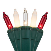 50 Red, Clear, White Frost Mini Lights, Green Wire, 6" Spacing