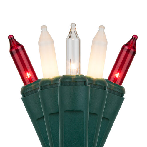 50 Red, Clear, White Frost Mini Lights, Green Wire, 6" Spacing
