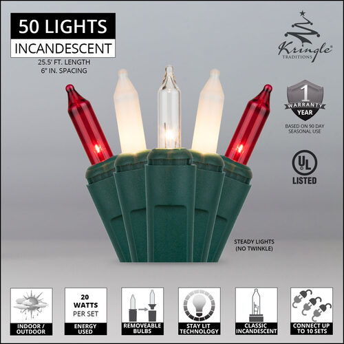50 Red, Clear, White Frost Mini Lights, Green Wire, 6" Spacing