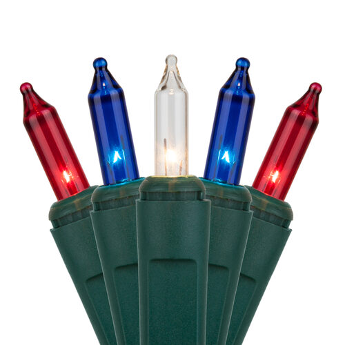 50 Red, White and Blue Mini Lights, Green Wire, 6" Spacing
