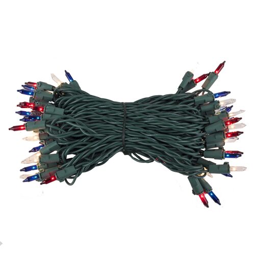 50 Red, White and Blue Mini Lights, Green Wire, 6" Spacing