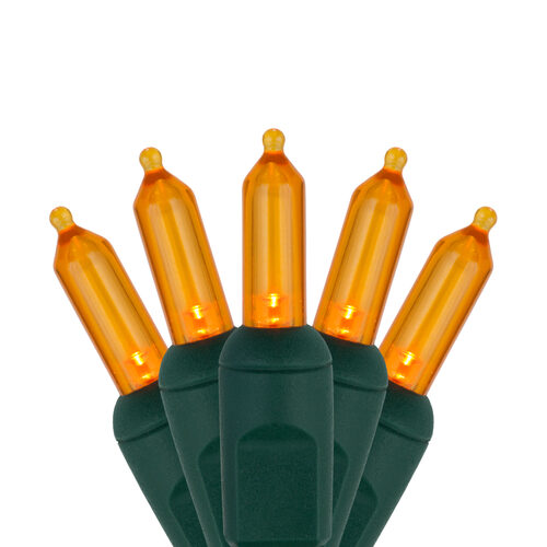 50 T5 Amber LED Christmas Tree Lights, Green Wire, 6" Spacing
