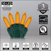 50 T5 Amber LED Christmas Tree Lights, Green Wire, 6" Spacing