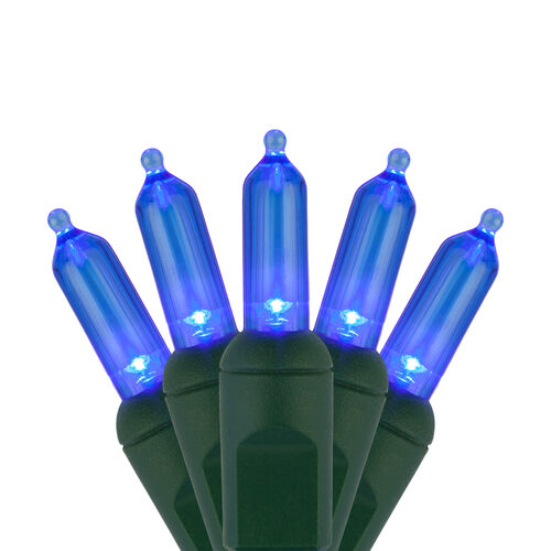 50 T5 Blue LED Christmas Tree Lights, Green Wire, 6" Spacing