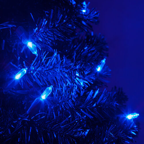50 T5 Blue LED Christmas Tree Lights, Green Wire, 6" Spacing