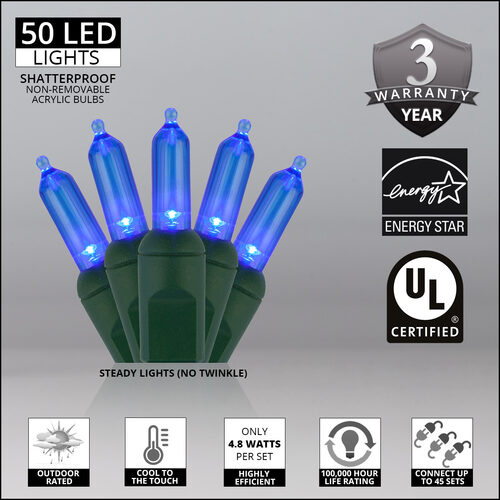 50 T5 Blue LED Christmas Tree Lights, Green Wire, 6" Spacing