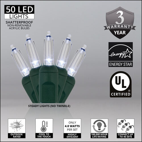 T5 Cool White LED Christmas Tree Lights, Green Wire
