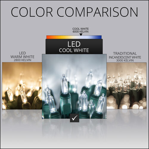 T5 Cool White LED Christmas Tree Lights, Green Wire