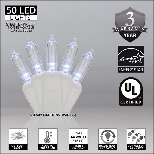 T5 Cool White LED Christmas Tree Lights, White Wire