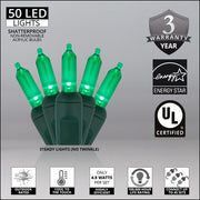50 T5 Green LED Christmas Tree Lights, Green Wire, 6" Spacing