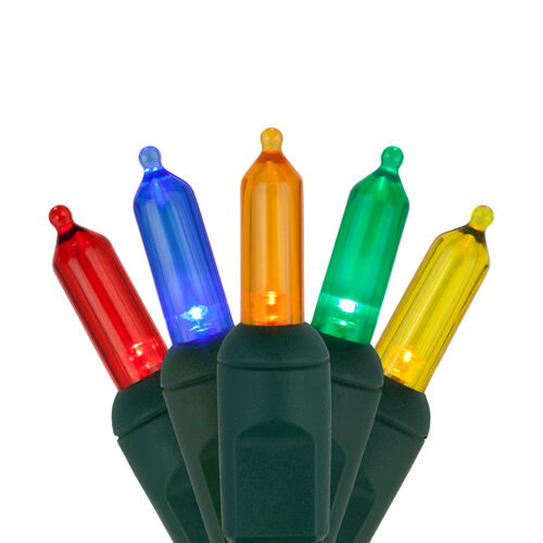 50 T5 Multi Color LED Christmas Tree Lights, Green Wire, 6" Spacing
