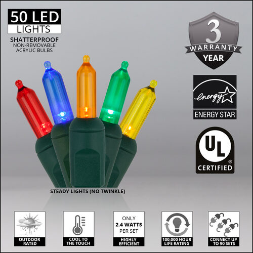 50 T5 Multi Color LED Christmas Tree Lights, Green Wire, 6" Spacing