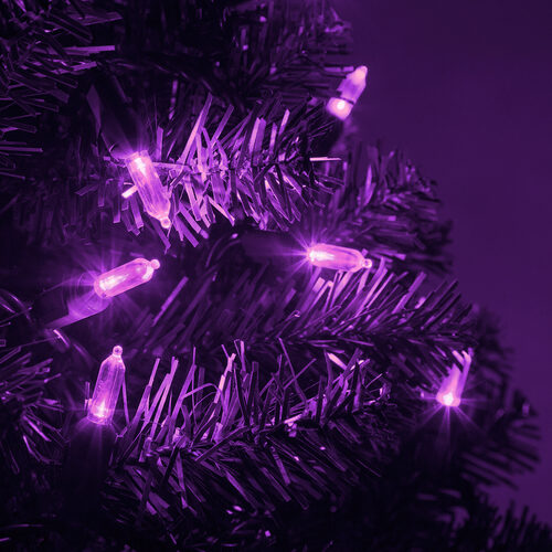 50 T5 Purple LED Christmas Tree Lights, Green Wire, 6" Spacing