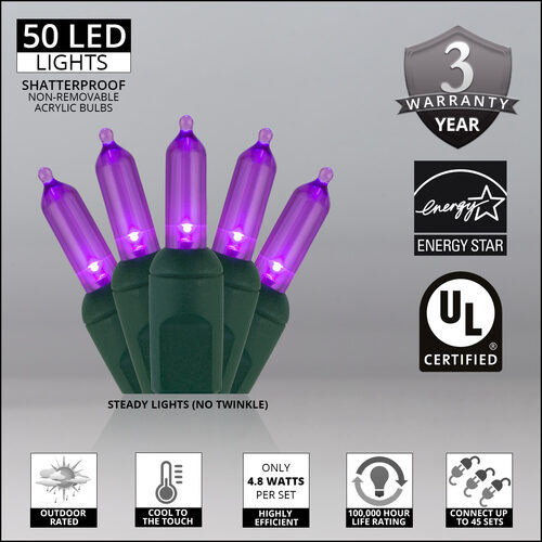 50 T5 Purple LED Christmas Tree Lights, Green Wire, 6" Spacing