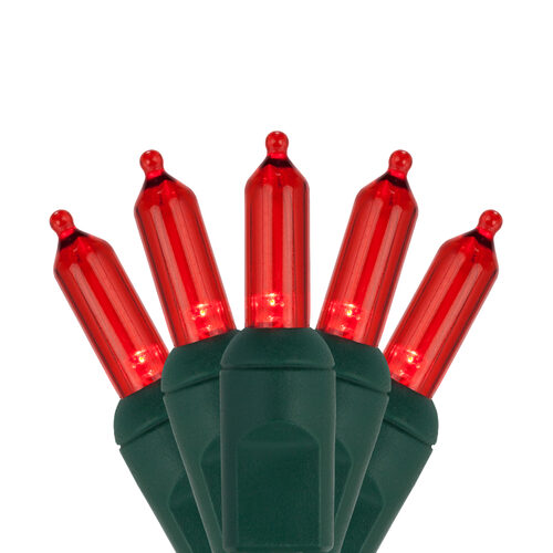 50 T5 Red LED Christmas Tree Lights, Green Wire, 6" Spacing