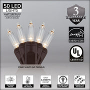 50 T5 Warm White LED Christmas Tree Lights, Brown Wire, 6" Spacing