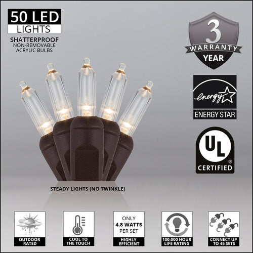 50 T5 Warm White LED Christmas Tree Lights, Brown Wire, 6" Spacing