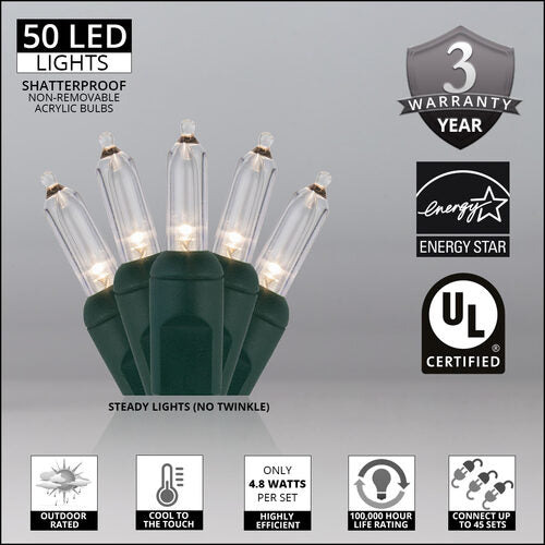 T5 Warm White LED Christmas Tree Lights, Green Wire