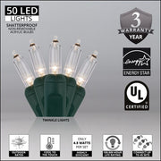 50 T5 Warm White Twinkle LED Christmas Tree Lights, Green Wire, 6" Spacing
