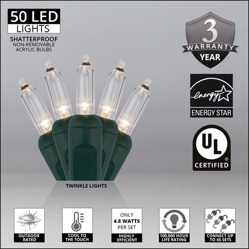 50 T5 Warm White Twinkle LED Christmas Tree Lights, Green Wire, 6" Spacing