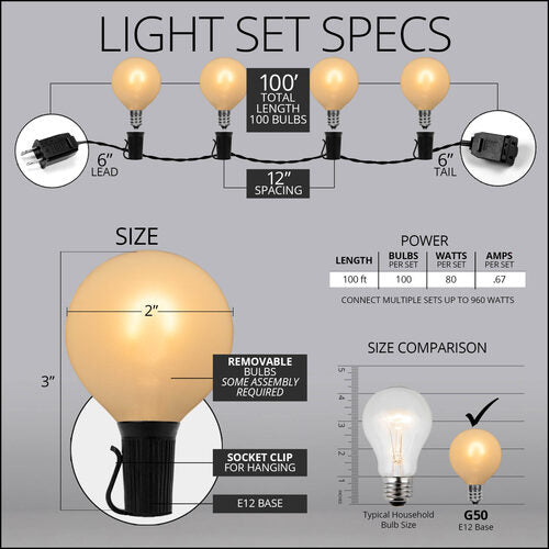 Warm White FlexFilament TM Satin LED Patio String Light Set with G50 Bulbs on Black Wire, E12 Base