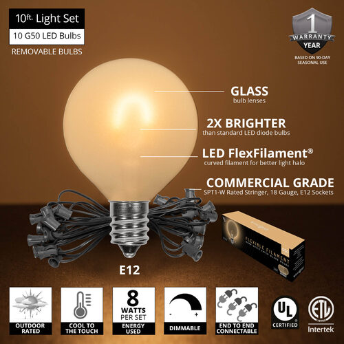 Warm White FlexFilament TM Satin LED Patio String Light Set with G50 Bulbs on Black Wire, E12 Base