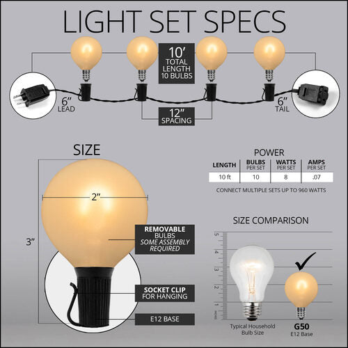 Warm White FlexFilament TM Satin LED Patio String Light Set with G50 Bulbs on Black Wire, E12 Base