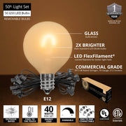 Warm White FlexFilament TM Satin LED Patio String Light Set with G50 Bulbs on Black Wire, E12 Base