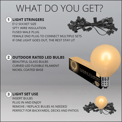 Warm White FlexFilament TM Satin LED Patio String Light Set with G50 Bulbs on Black Wire, E12 Base
