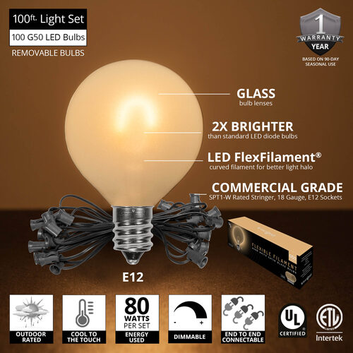 Warm White FlexFilament TM Satin LED Patio String Light Set with G50 Bulbs on Black Wire, E12 Base