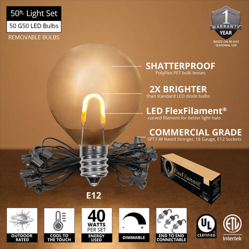 Warm White FlexFilament TM Shatterproof LED Patio String Light Set with G50 Bulbs on Black Wire, E12 Base