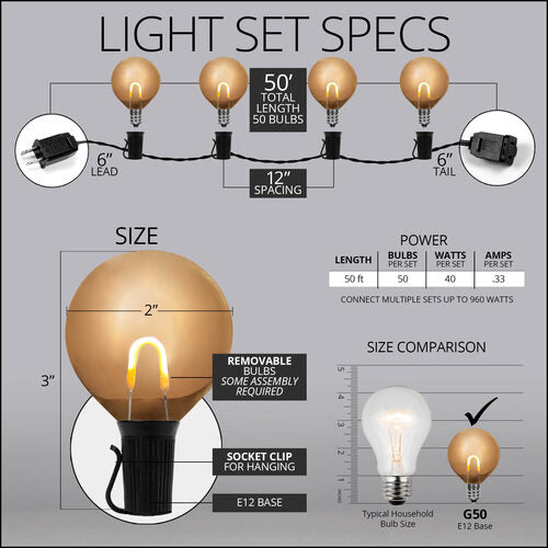 Warm White FlexFilament TM Shatterproof LED Patio String Light Set with G50 Bulbs on Black Wire, E12 Base