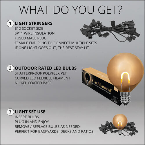 Warm White FlexFilament TM Shatterproof LED Patio String Light Set with G50 Bulbs on Black Wire, E12 Base