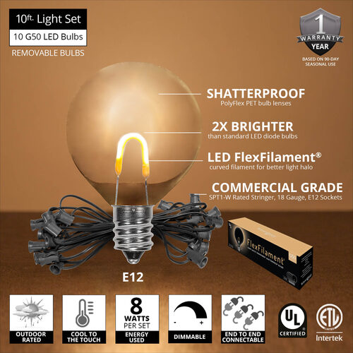 Warm White FlexFilament TM Shatterproof LED Patio String Light Set with G50 Bulbs on Black Wire, E12 Base