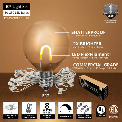 Warm White FlexFilament TM Shatterproof LED Patio String Light Set with G50 Bulbs on White Wire, E12 Base