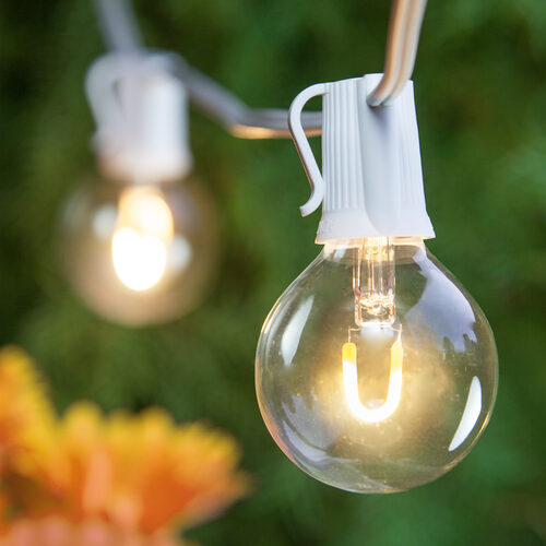 Warm White FlexFilament TM Shatterproof LED Patio String Light Set with G50 Bulbs on White Wire, E12 Base