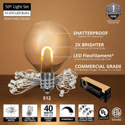 Warm White FlexFilament TM Shatterproof LED Patio String Light Set with G50 Bulbs on White Wire, E12 Base